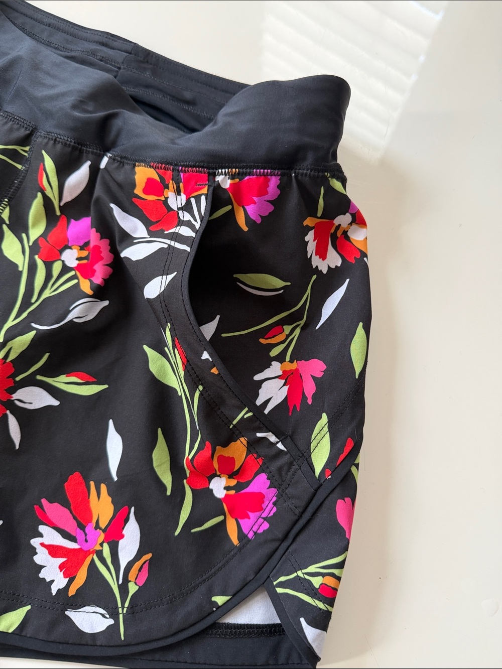 Lands' End Black Floral Athletic Shorts with Bright Blooms - Picture 2 of 7